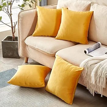 Yellow - Plush Velvet Pillow Covers (18x18) – Ultra-Soft & Cozy , Perfect for Living Room, Bedroom and Outdoor . ( Pack of 4 )