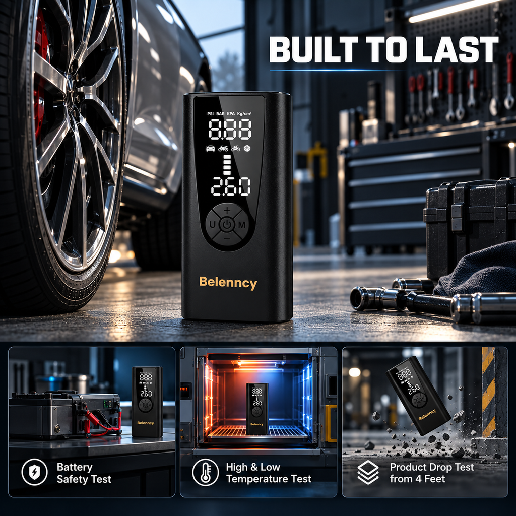 Belenncy P005 Portable Air Compressor – Digital Tire Inflator with LED Light