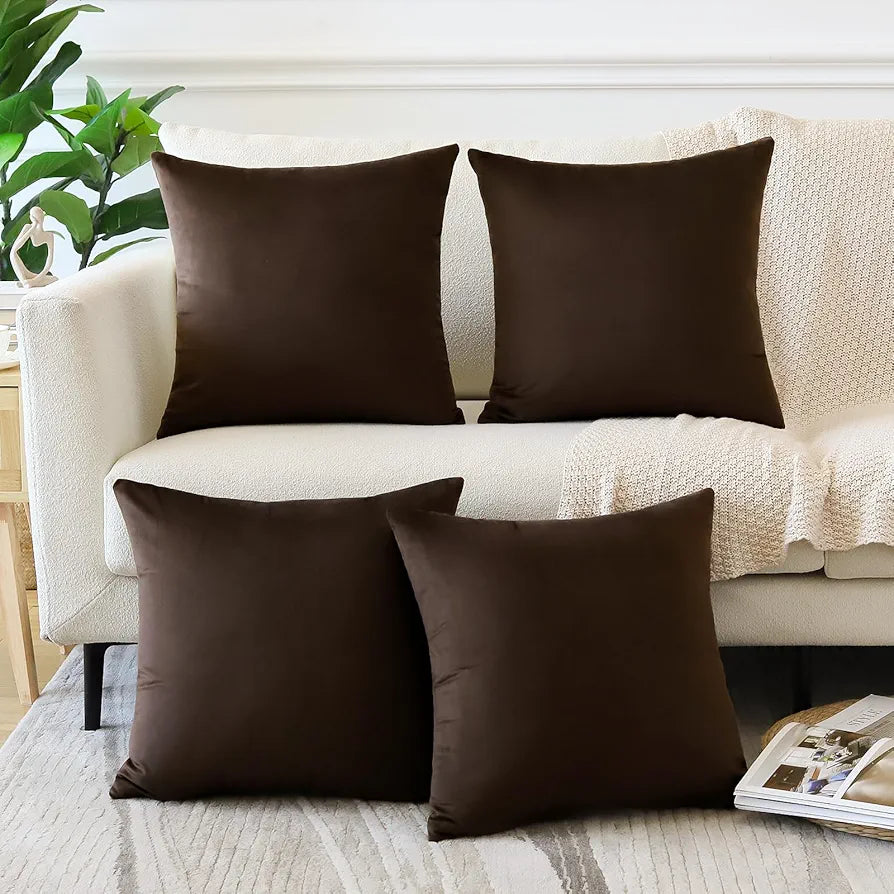 Dark Brown Plush Velvet Pillow Covers (18x18) – Ultra-Soft & Cozy , Perfect for Living Room, Bedroom and Outdoor . ( Pack of 4 )